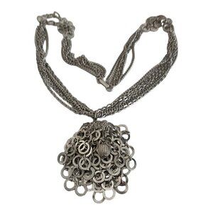 Vintage Mid Century Dangle Pendant Statement Necklace Rings Multi Chain Silver E